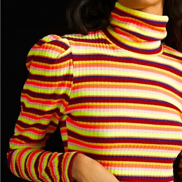 Anthro Maeve Bright Retro Neon Striped Puff Sleeve Turtleneck Top - Picture 5 of 15